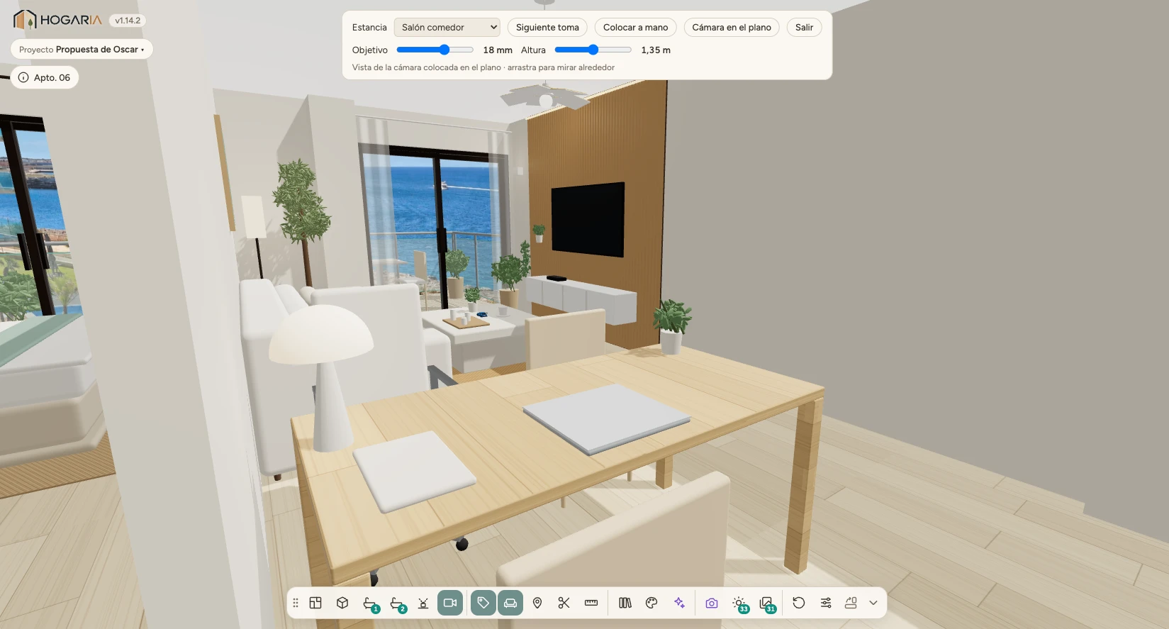 Maqueta 3D del mismo salón en la cámara interior de Decor3d.AI